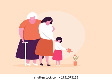 A little girl with her mother and grandmother watering a plant. Concept for Mother's Day