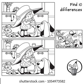 Little girl in her mother's clothes plays with her pets. Find 10 differences. Educational game for children. Black and white cartoon vector illustration