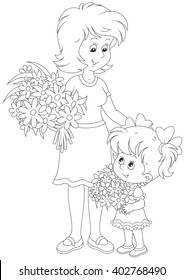 Little girl and her mum with bouquets of flowers