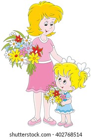 Little girl and her mum with bouquets of flowers