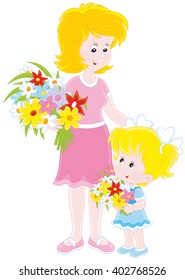 Little girl and her mum with bouquets of flowers