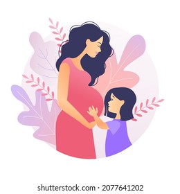 Little Girl and Her Pregnant Mom. Beautiful pregnant woman with her daughter. Happy family. Child hugs belly of pregnant mother. Vector illustrations