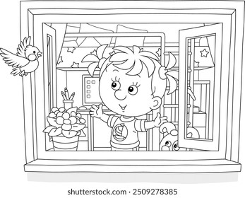 Niña con su cachorro haciendo ejercicios de gimnasia por una ventana abierta en su habitación de la guardería y mirando a un pájaro Pequeño divertido que vuela alrededor, ilustración de dibujos animados de Vector de contorno blanco y negro