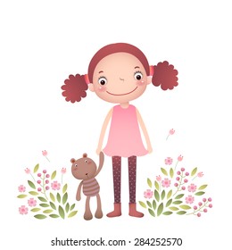 Little girl with her teddy bear in flower garden