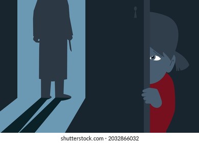 A Little Girl Hiding Behind The Door And Looks At The Silhouette Of A Stranger With A Knife In The Doorway.