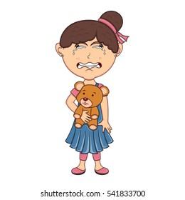 Little girl hold a bear and cry cartoon vector illustration