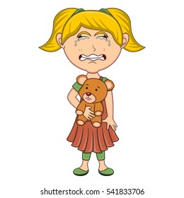 Little girl hold a bear and cry cartoon vector illustration
