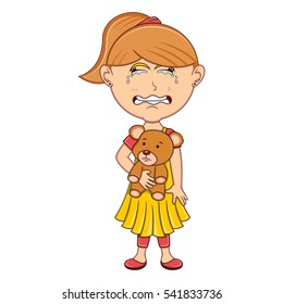Little girl hold a bear and cry cartoon vector illustration