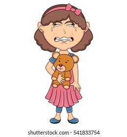 Little girl hold a bear and cry cartoon vector illustration