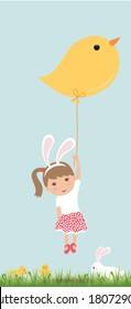 Little girl hold a chick shape balloon. Easter bunny. Vector illustration.