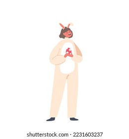 Little Girl Hold Painted Egg for Easter Holiday Isolated on White Background. Cute Baby Wear Rabbit Costume and Ears on Head Prepare for Seasonal Event Celebration. Cartoon People Vector Illustration