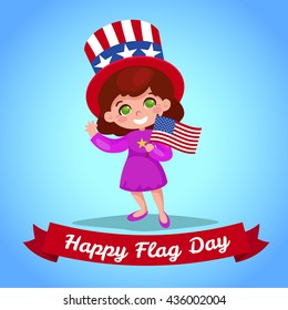Little Girl holding American flags.Happy flag day  illustration