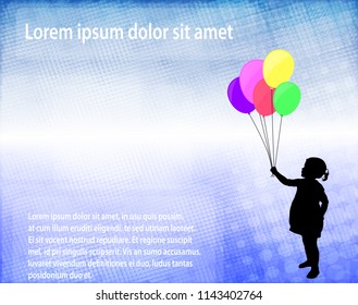 little girl holding ballons over abstract background with space for text - vector