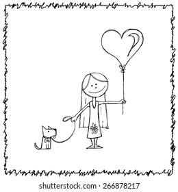 a little girl holding a balloon in the shape of heart and a little dog on a leash