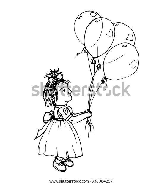 Little Girl Holding Balloons Hand Drawn Stock Vector