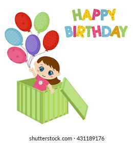 Little girl holding balloons and sitting in a green box. Birthday card.