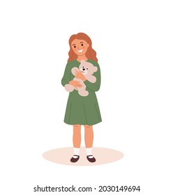 Little girl holding bear isolated. Vector flat style cartoon illustration