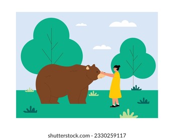 Little girl holding big bear, fun to interact with tame animals, zoo vector illustration..