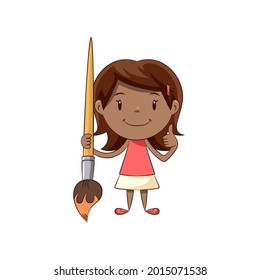 Little girl holding big paintbrush, happy cute child