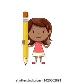 Little girl holding big pencil, cute kid thumbs up