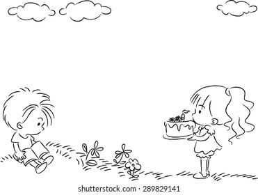 a little girl holding a birthday cake for a boy with frame