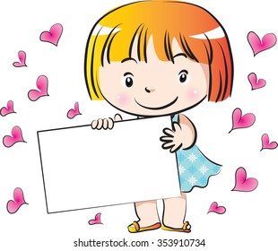 little girl holding a blank card