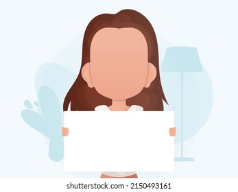 A little girl is holding a blank sign. Place for announcement. Cartoon style. Vector illustration