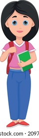 little girl holding a book and carrying a backpack