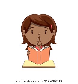 Little girl holding book making silence gesture, vector illustration