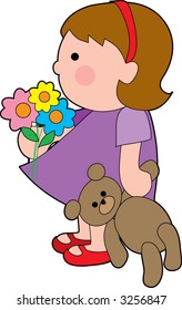 Little girl holding a bouquet of flowers and a teddy bear
