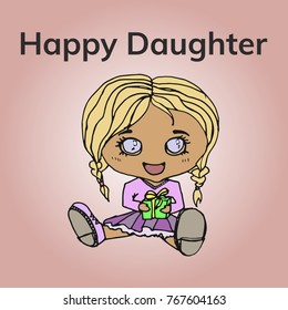 Little girl holding a box of present. hand drawn vector illustration