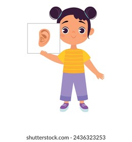 Little Girl Holding Card with Ear Body Part Vector Illustration