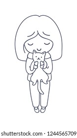 Little girl, holding cat. Cute cartoon character. Vector illustration for coloring book, pin, sticker, patch, badge, print, card, postcard, poster, t-shirt, tattoo.
