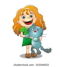 Little girl is holding the cat in her arms on white background