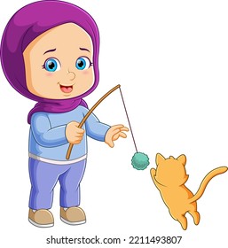 The little girl is holding the cat toy and the cat is trying to catch the ball of illustration