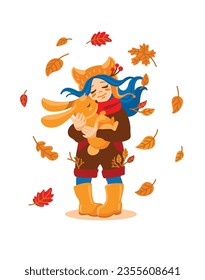 Little girl is holding a cute bunny in her arms. Autumn vibes. Vector.