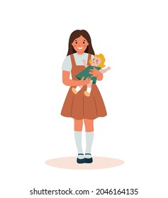 Little girl holding doll isolated. Vector flat style cartoon illustration