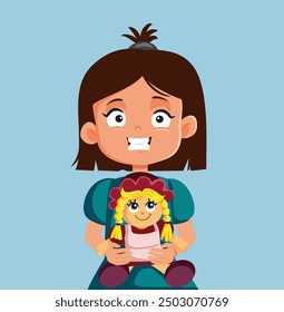 
Little Girl Holding a Doll Toy Vector Cartoon Illustration. Cheerful child feeling affectionate about her toy
