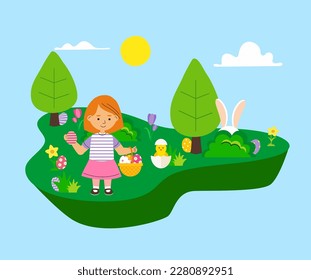 Little girl holding Easter basket and gathering eggs in the garden. Bunny ears stick out from the bush.  Easter egg hunt vector illustration