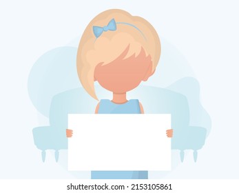 Little girl holding an empty banner in her hands. Advertising banner. Cartoon style. Vector illustration