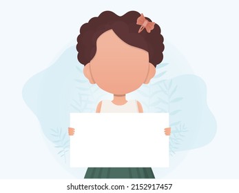A little girl is holding an empty tablet in her hands. Place for announcement. Cartoon style. Vector illustration