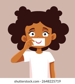 
Little Girl Holding a Face Smile Card Vector Character. Child feeling depressed trying to hide her true feelings of anxiety