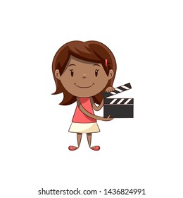 Little girl holding film slate, happy cute child