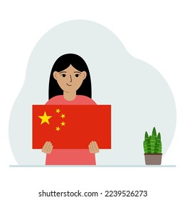 Little girl holding the flag of China. The concept of demonstration, national holiday or patriotism. Nationality. Vector flat illustration