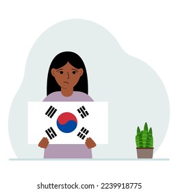 A little girl is holding the flag of South Korea. The concept of demonstration, national holiday, independence day or patriotism. Nationality. Vector flat illustration
