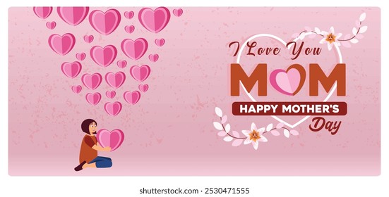 A little girl holding a flying paper heart shape. Expression of child's love for mother. Mother's Day concept. Flat vector illustration.