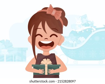 A little girl is holding a gift box in her hands. New Year banner. Cartoon style. Vector illustration