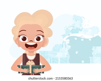 A little girl is holding a gift box. New Year's poster. Flat style. Vector illustration