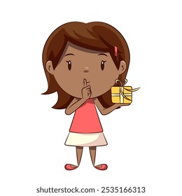 Little girl holding gift box, silence gesture