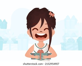 A little girl is holding a gift in her hands. New Year card. Cartoon style. Vector illustration